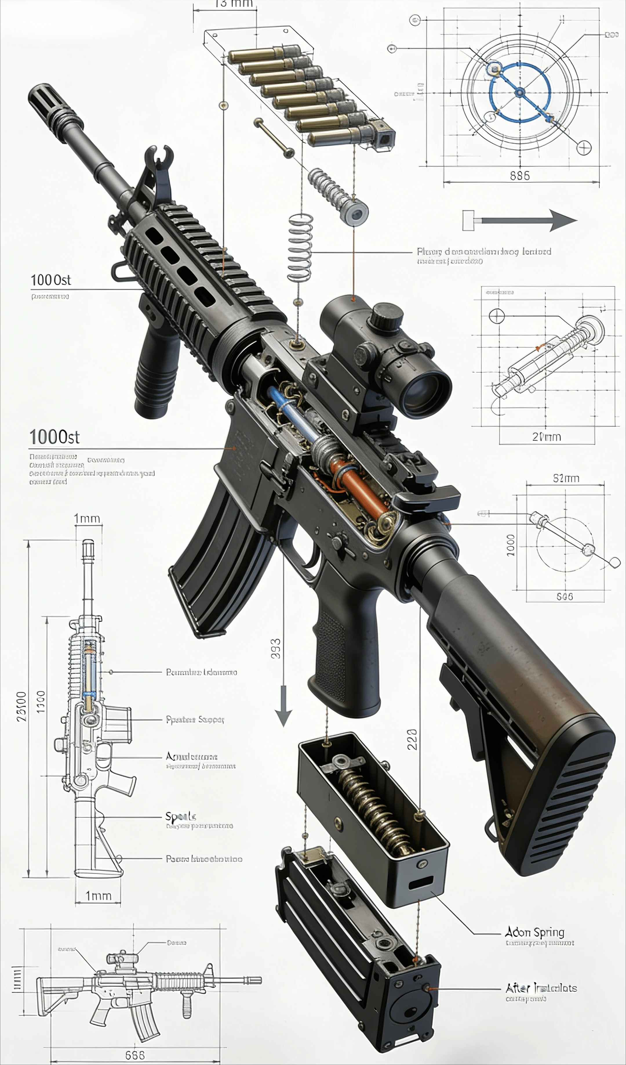 Modern Tactical Rifle Exploded View Blueprint–Assault Gun Internal Mechanism Schematic Aluminum Tin Sign for Man Cave Wall De