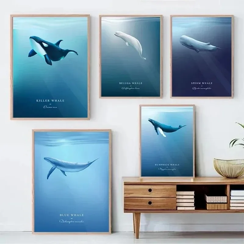 Frameless Modern Marine Life Humpback Whales Orca Minimalist Aesthetics Print Canvas Painting for Living Room Modern Home Decor