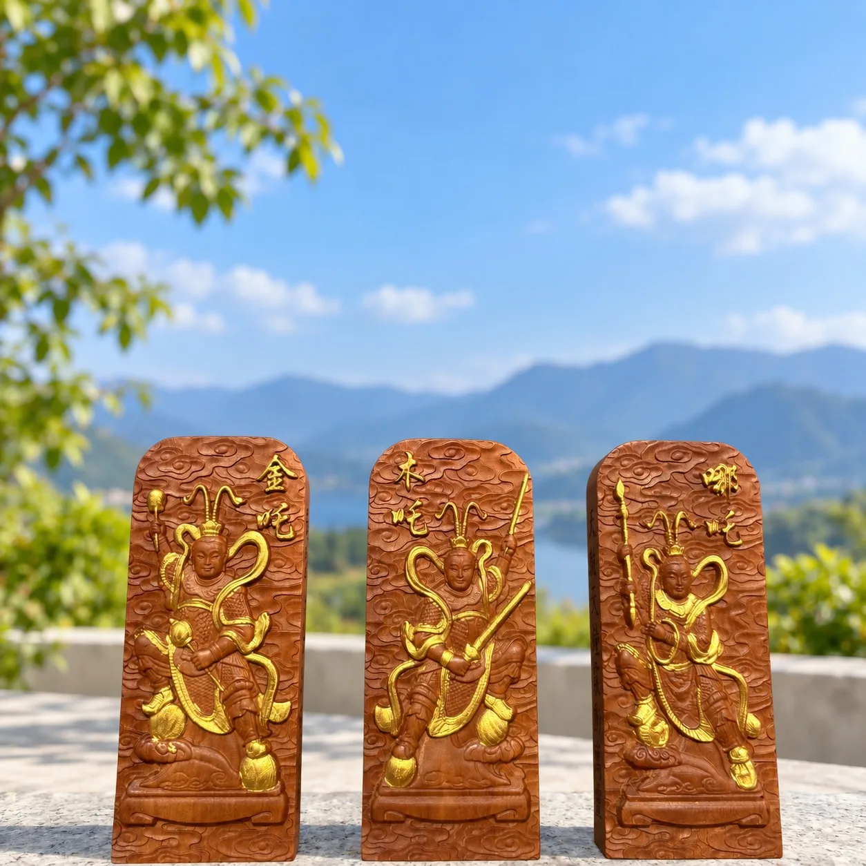 Hand-Carved Struck-by-Lightning Jujube Wood Nezha Prince Taoist Token for Traditional Feng Shui Home Living Room Decor
