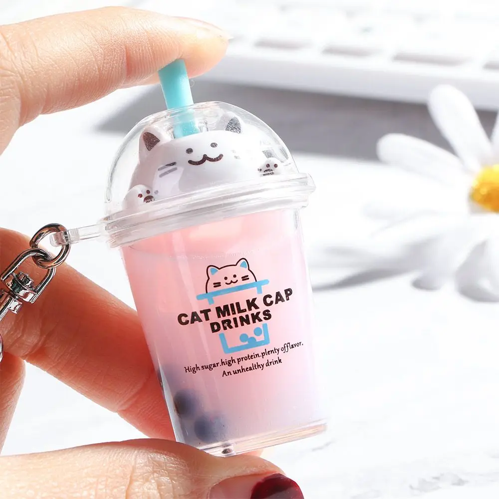 Bag Sequin Car Acrylic Cute Cat Cup Liquid Milk Tea Pendant Key Chain Key Ring Fashion Accessories Jewelry