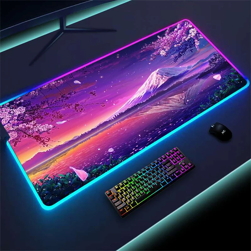 Paarse Muismat Gaming Accessoires Mount Fuji Sakura Custom Deskmat Led Tapijt Kersenbloesem Mousepad Gamer 90X40 Backlit Mat