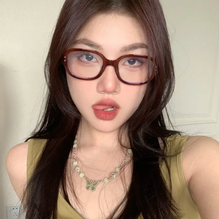 Korean Fashion Square Oval Frame Anti Blue Light Glasses Retro Leopard Red Thick Frame Plain Eyes Female Eye Protection Eyewear