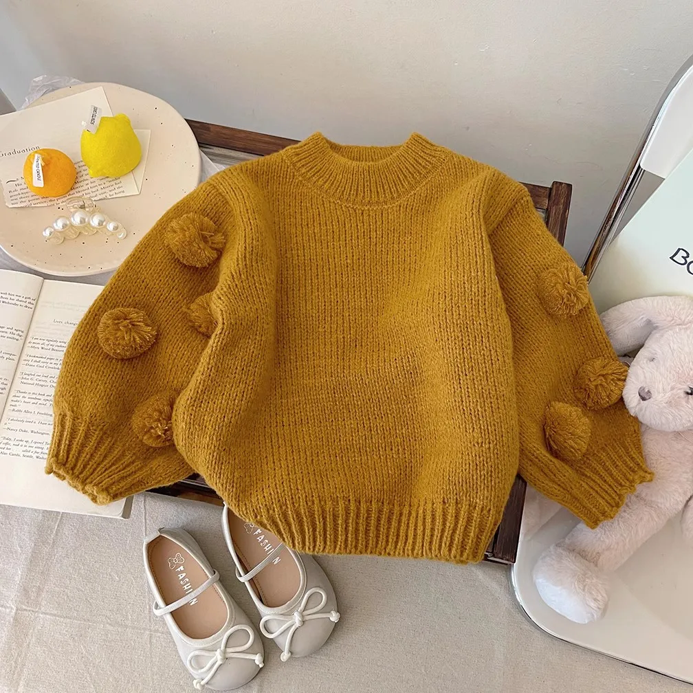 

Топы, модная одежда для девочек, детская вязаная одежда принцессы на день рождения, От 1 до 9 лет, детские вязаные свитера для девочек, милый мяч, зимняя теплая одежда