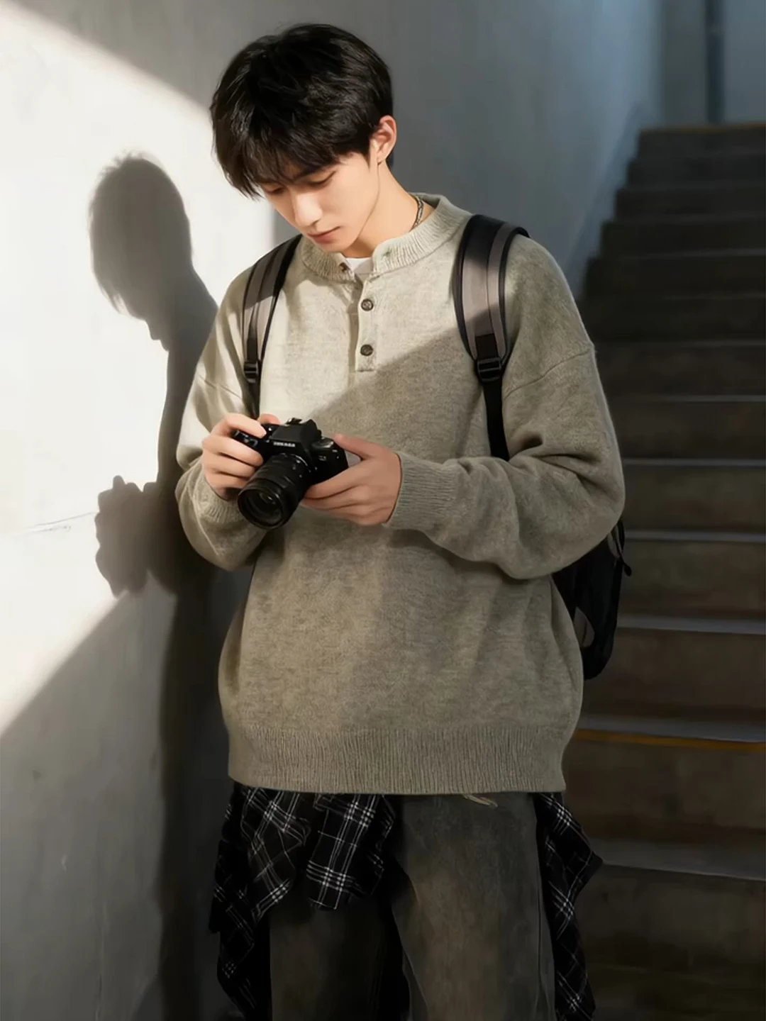 

Мужской вязаный свитер в американском ретро-стиле с воротником Хенли, зимний, уютный, базовый слой, теплый, комфортный, для ношения под одеждой