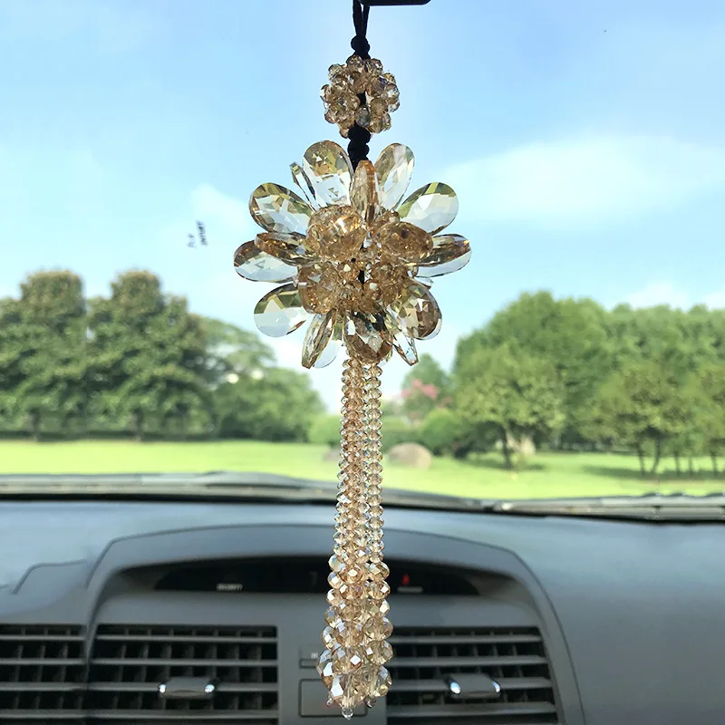 Crystal Sun Flower Tassel Craft Pendant Petals Car Hanging Ornament Auto Rear View Mirror Decor Car Styling Accessories Women