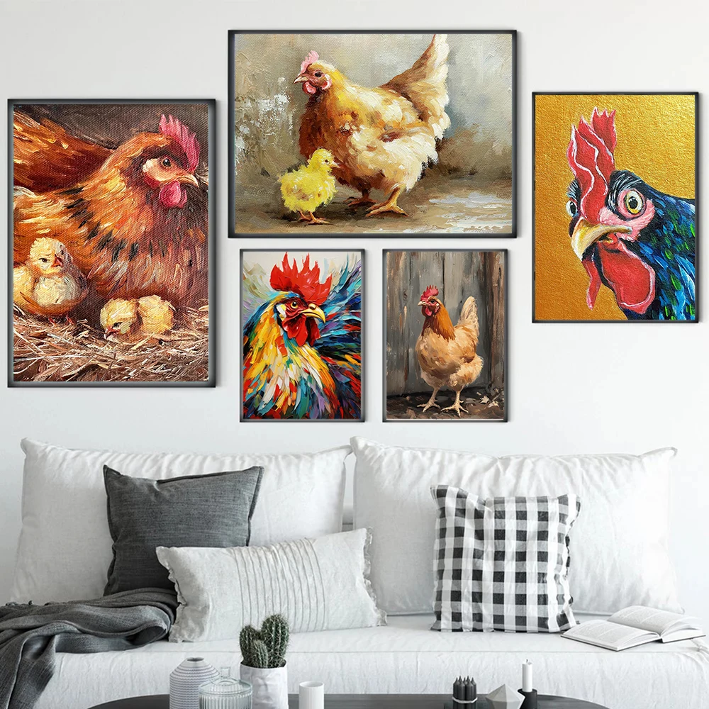 2026 Countryside Landscape Animals Poster Wall Art Pictures Canvas Painting Home Kitchen Decor Retro Chicken Hens Rooster