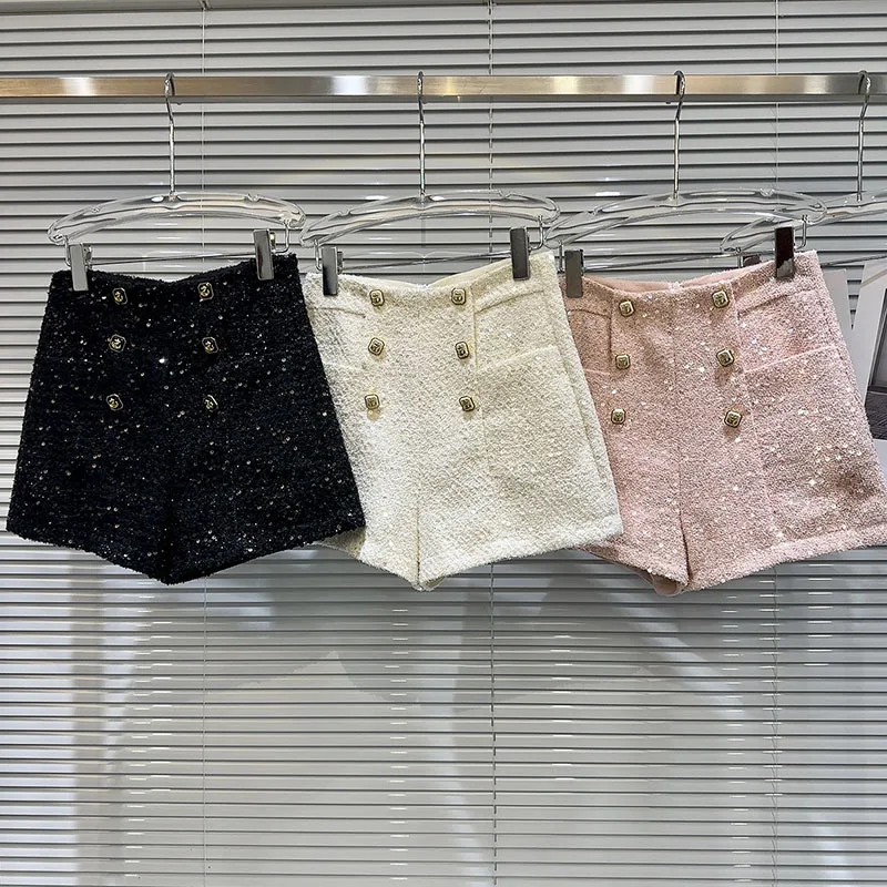 New Items Metal Buckle Sequins Tweed Shorts 2023 Autumn Fashion High Waist Pockets Zippers Short Trousers Female