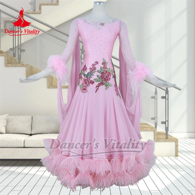 الكبار ريشة نمط الحاشية السفلية AB الأحجار قاعة الرقص فستان رقص الإناث الفالس Quickstep الملابس الفاخرة مخصص راقصة حيوية #2