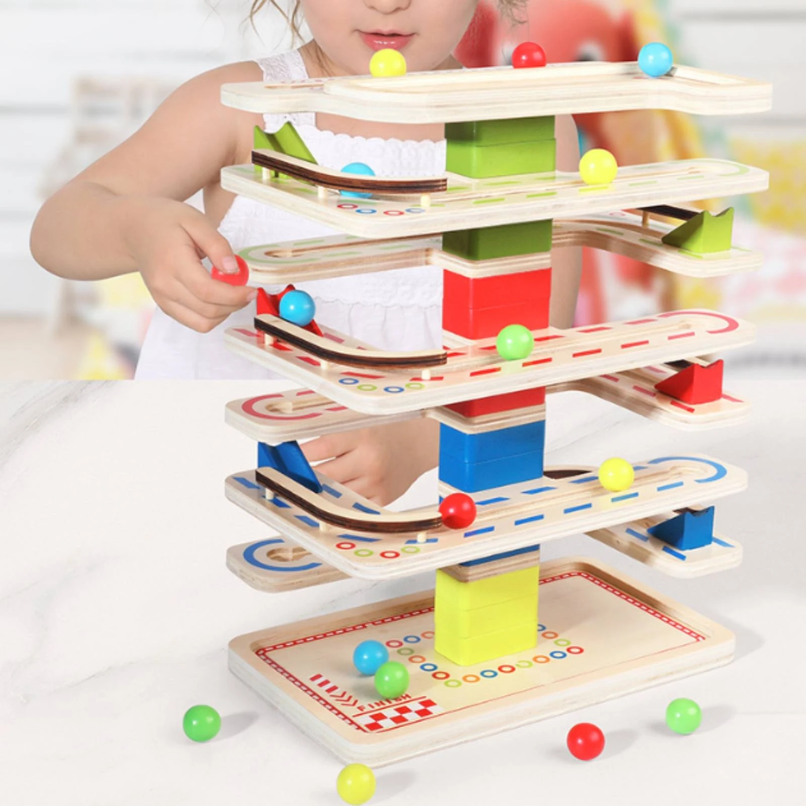 Wooden Marble Run Tabletop Ball Run Toy with Marbles Wooden Ball Tracker Freestanding Smooth for Toddlers, Playroom, Classroom