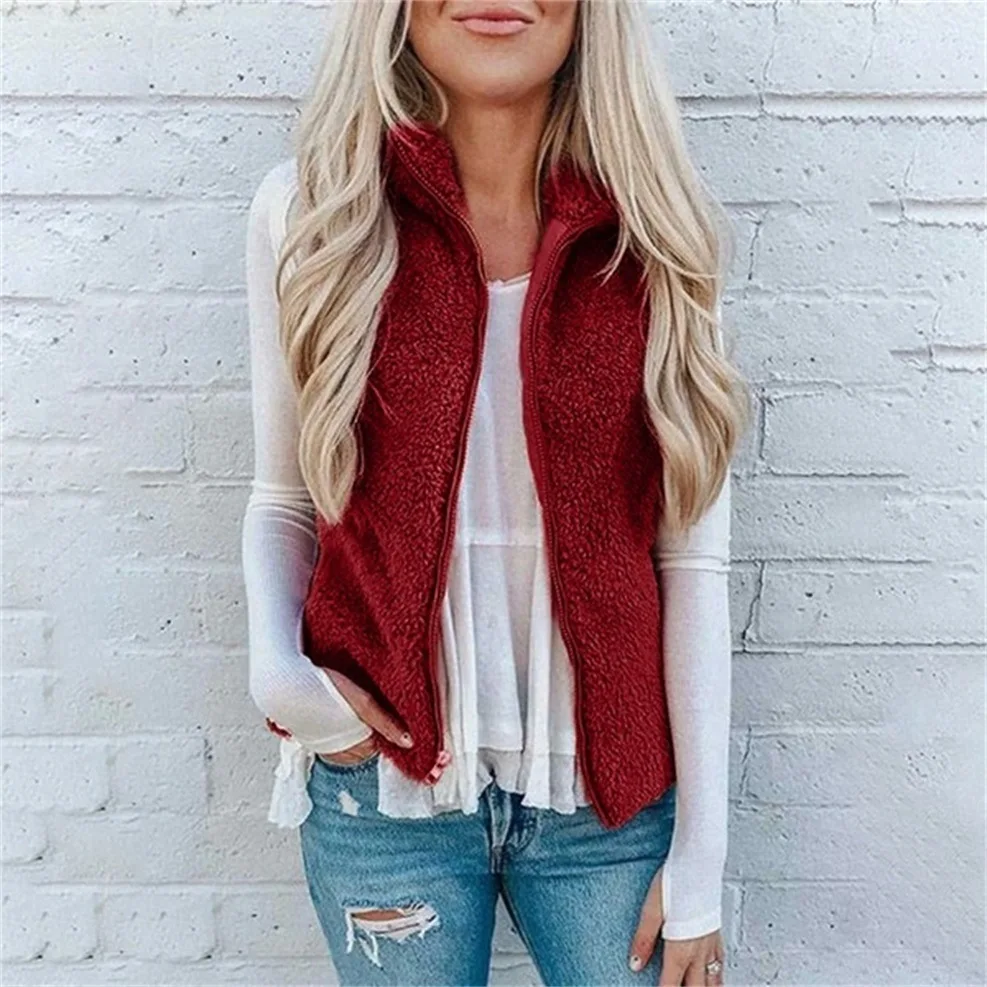 

2025 Women's Vest Stand Collar Zipper Cardigan Jacket Fashion Solid Color Plush Warm Autumn and Winter Casual Coat