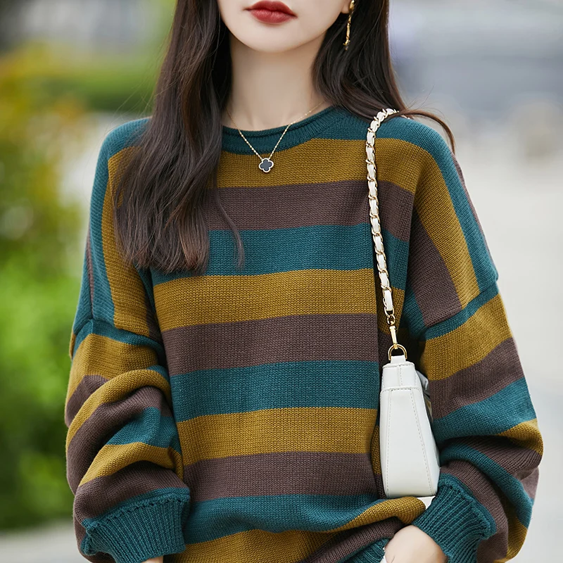 

Autumn and Winter New 100% Cotton Sweater Women's Casual Knitted Round Neck Color blocked Pullover Fashion Loose Women's Top