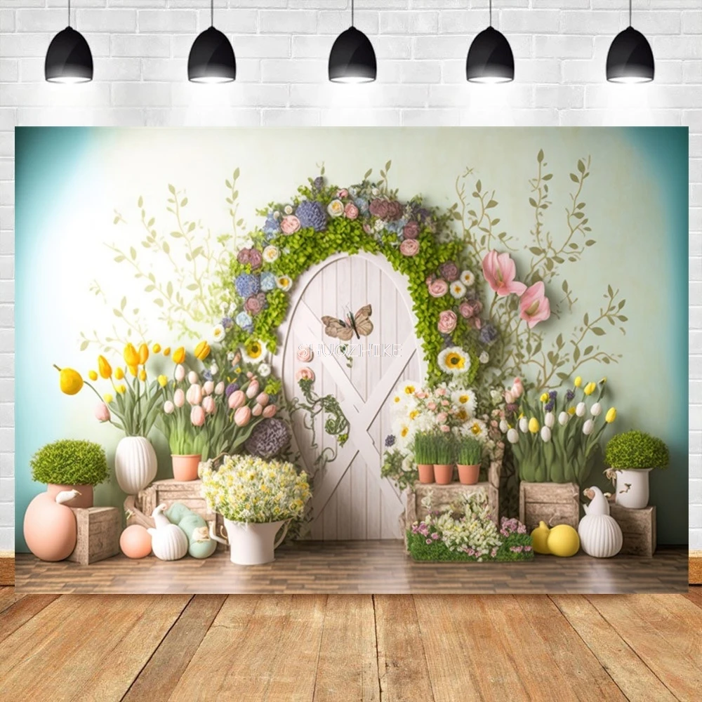 Spring Floral Shop Backdrop Photography Children Portraits Colorful Eggs Bunny Tulip Easter Party Decor Photo Background Studio