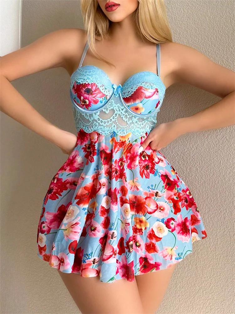 Women Sexy Nightgown Floral Print Pajamas Dress Lace Splicing Nightwear Sleeveless Night Dress Home Wear Baby Doll Sexy Lingerie