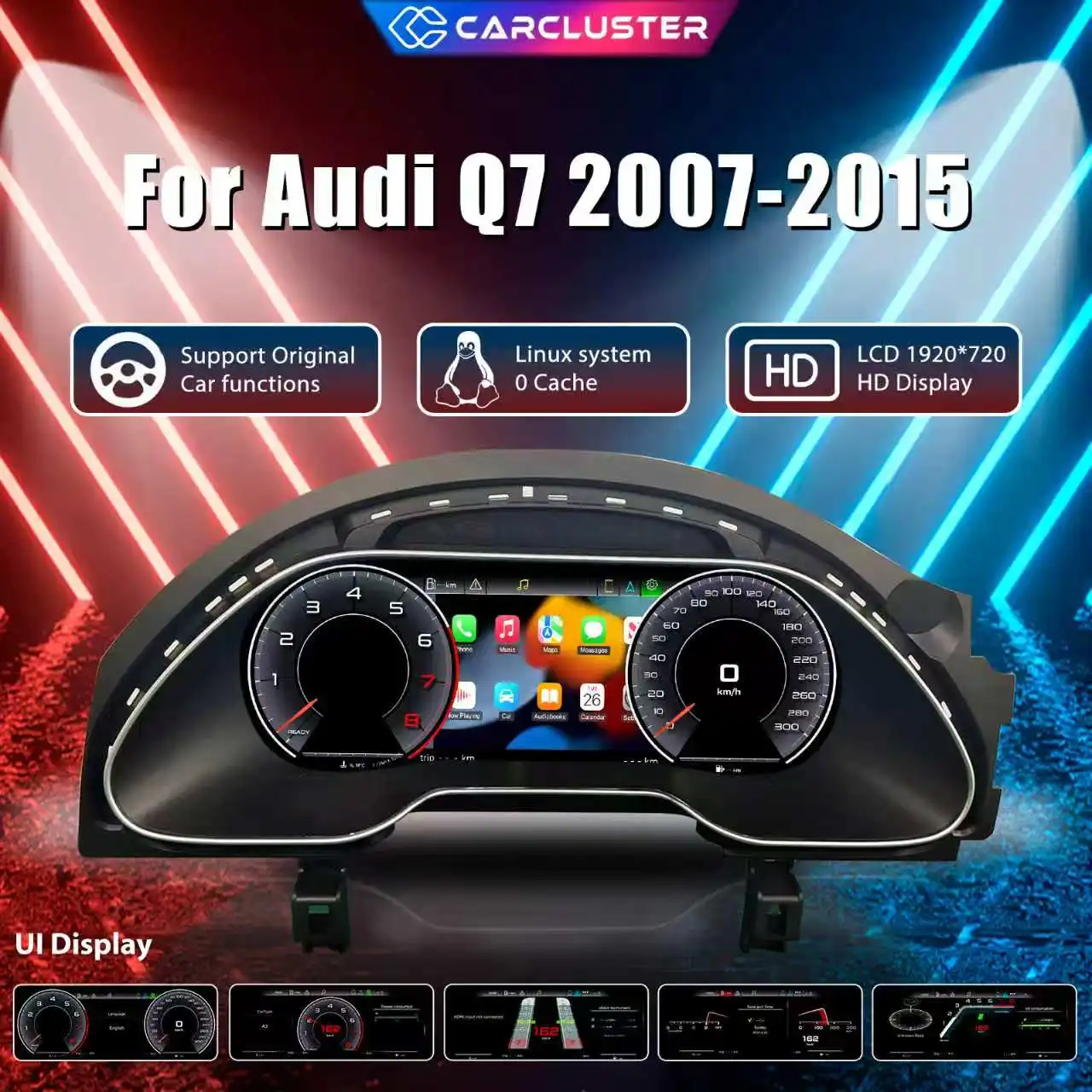 Carcluster 12,3'' LCD-Digital-Cluster für Audi Q7-Modelle von 2007–2015 unterstützt HDMI, Carplay, Radio, Armaturenbrett-Instrumententafel.