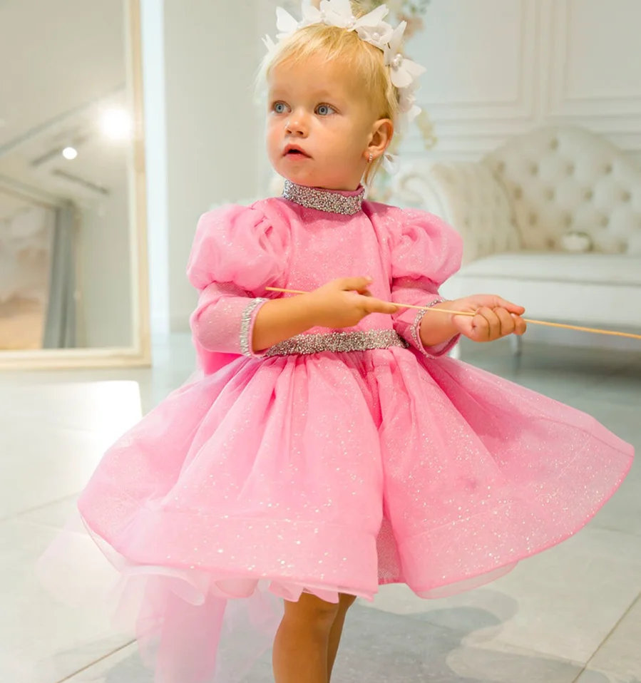 Hot Pink Glitter neonate primo compleanno vestito Tutu vestito fiore ragazza vestito Prom abito di natale maniche a sbuffo 12M 24M