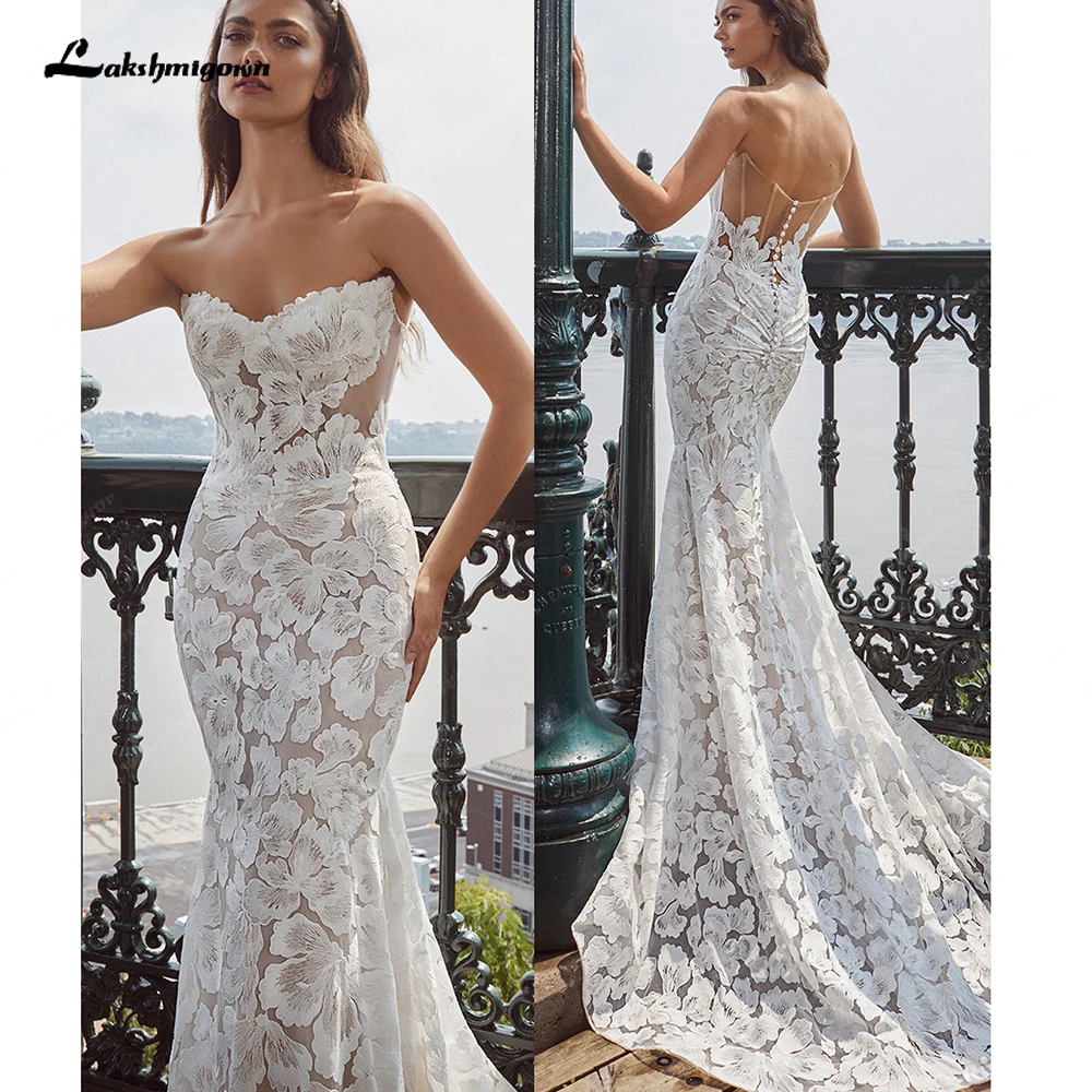 Lakshmigown Sexy Sweetheart Full Lace Mermaid Bridal Gown Appliques Born Bodce Embellished Fit Flare Wedding Dresses trouwjurk