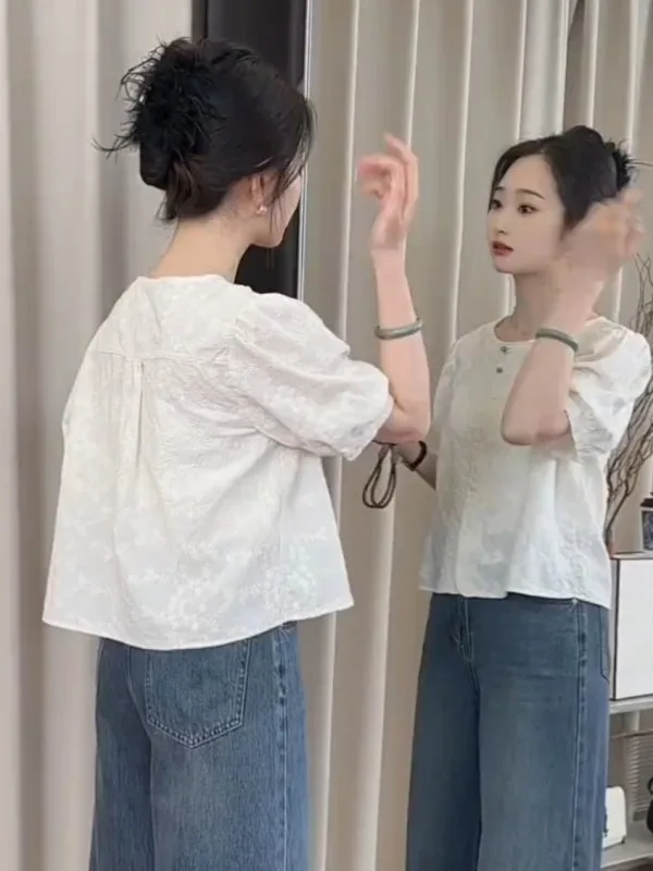 

Женская летняя новая модная простая тонкая рубашка с эффектом похудения, в китайском стиле, с круглым вырезом, коротким рукавом и вышивкой