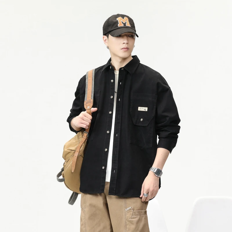 

American Vintage Workwear Shirt for Men - Fall Relaxed Fit Notch Collar Casual Shacket Versatile 100% Cotton Shirt Jacket 4XL