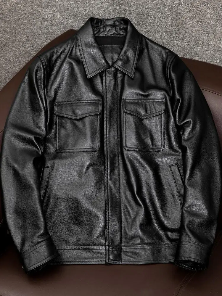 

Мужская куртка из натуральной кожи с откидным воротником, текстура воловьей кожи, мех, смесь хлопка, кожаная верхняя одежда большого размера, осень-зима