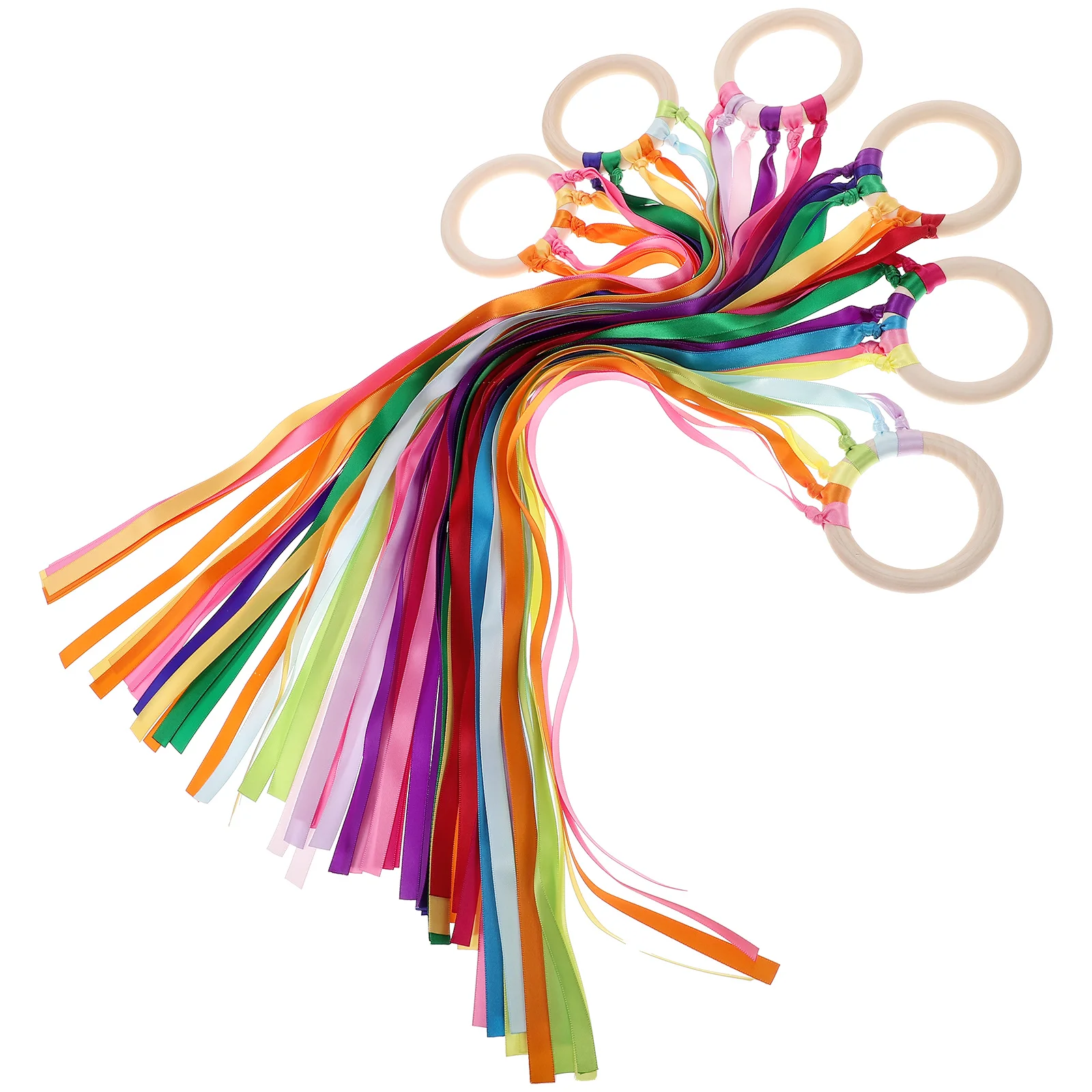 6 Pcs Shuttle Wood Circle Ribbon Hand Kite Toys Children's Kids Kites Sports Rainbow Streamers Runner Wrist Ribbons Manual