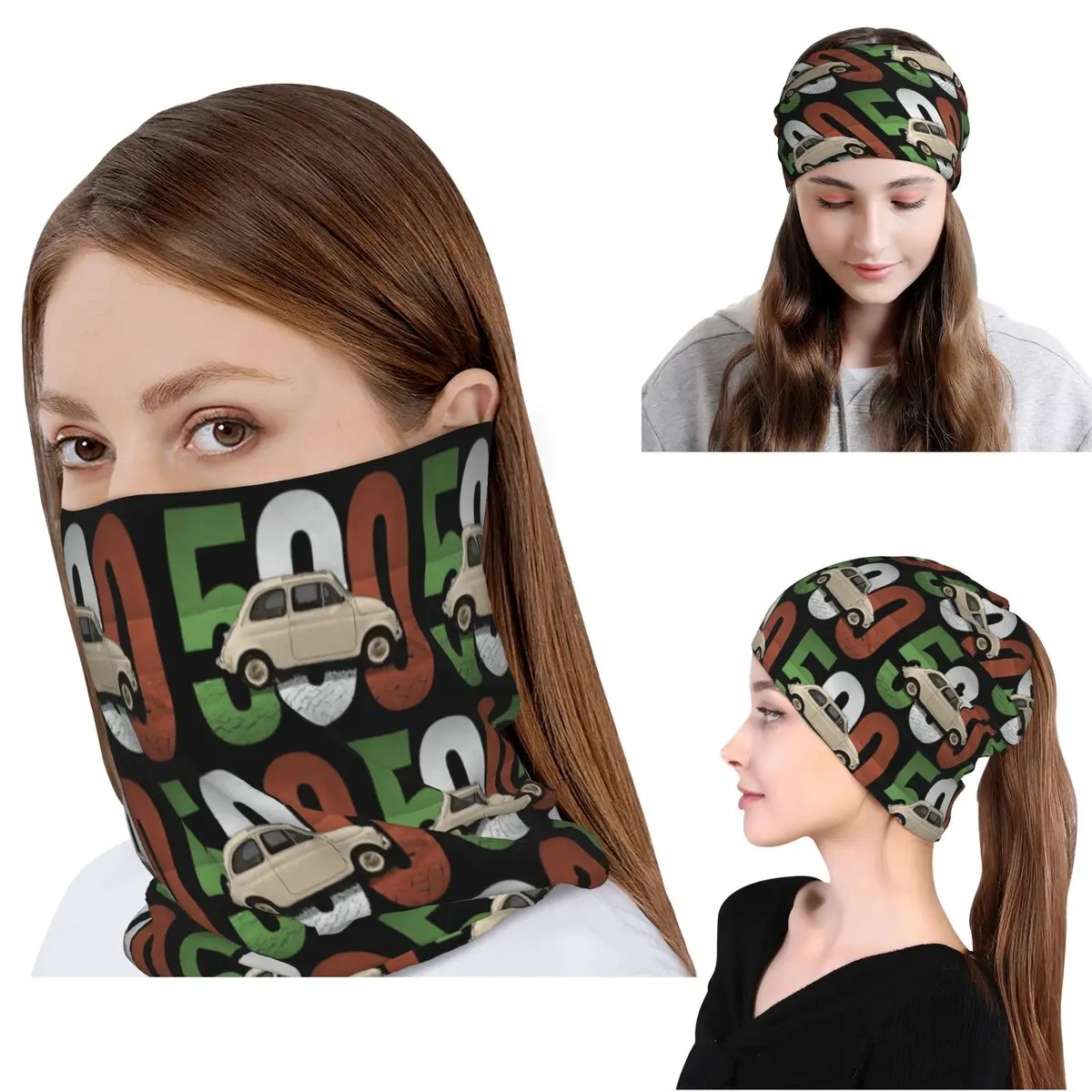 

The Classic Fiat 500 On White Bandana Neck Cover Face Scarf Multi-use Headband Beanies Hat for Men Women Adult Washable
