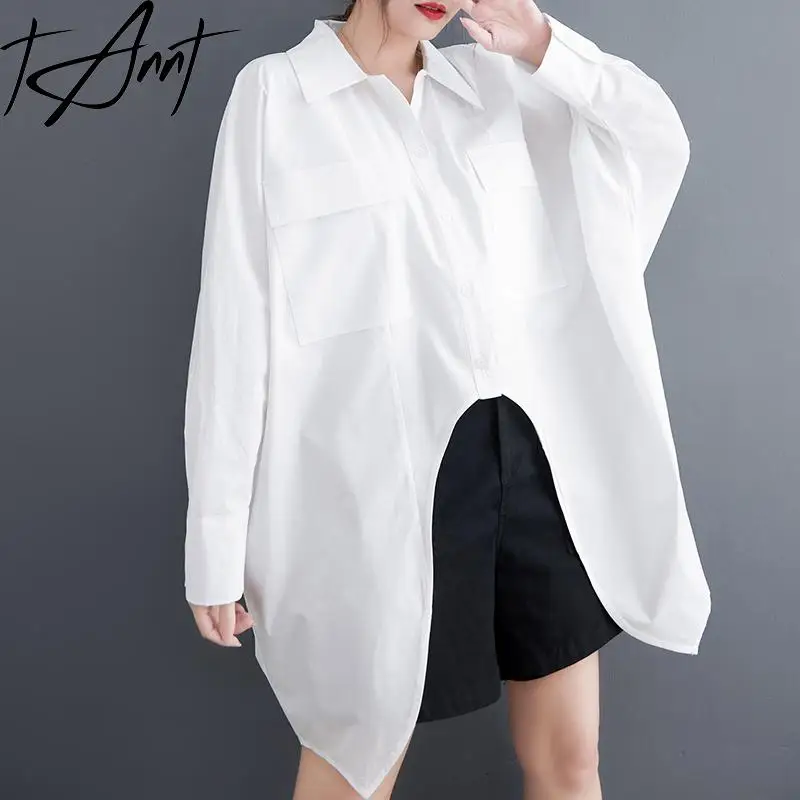 Tannt Women Shirt Asymmetrical Shirts Cotton Black White Long Blouse Tops Irregular Loose Casual Shirts Women 2023 New