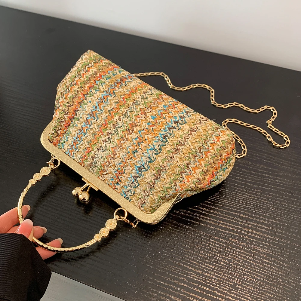 Pochette de soirée en paille pour femmes, sac initié à la mode, grande sacoche décontractée à moraillon pour les vacances d'été à la plage, de haute qualité