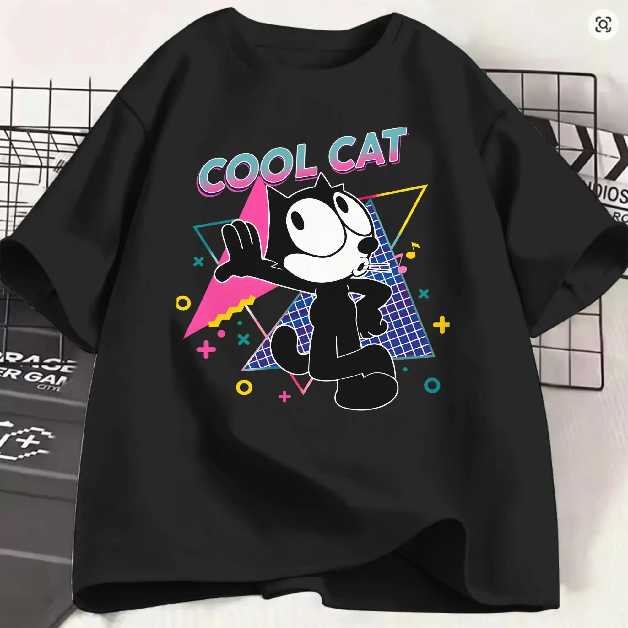 Casual F-Felixs Black Cat T-Shirt Men O Neck 100% Cotton T Shirts Cool Cat 80s Short Sleeve Tees Classic Tops