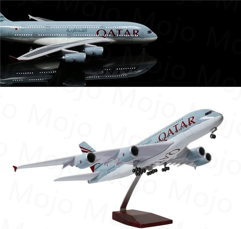 1:160 Scale 47cm Aircraft Model Qatar A380 Aircraft Model Resin Aircraft Model (Touch or Voice Control) for Decoration or Gifts