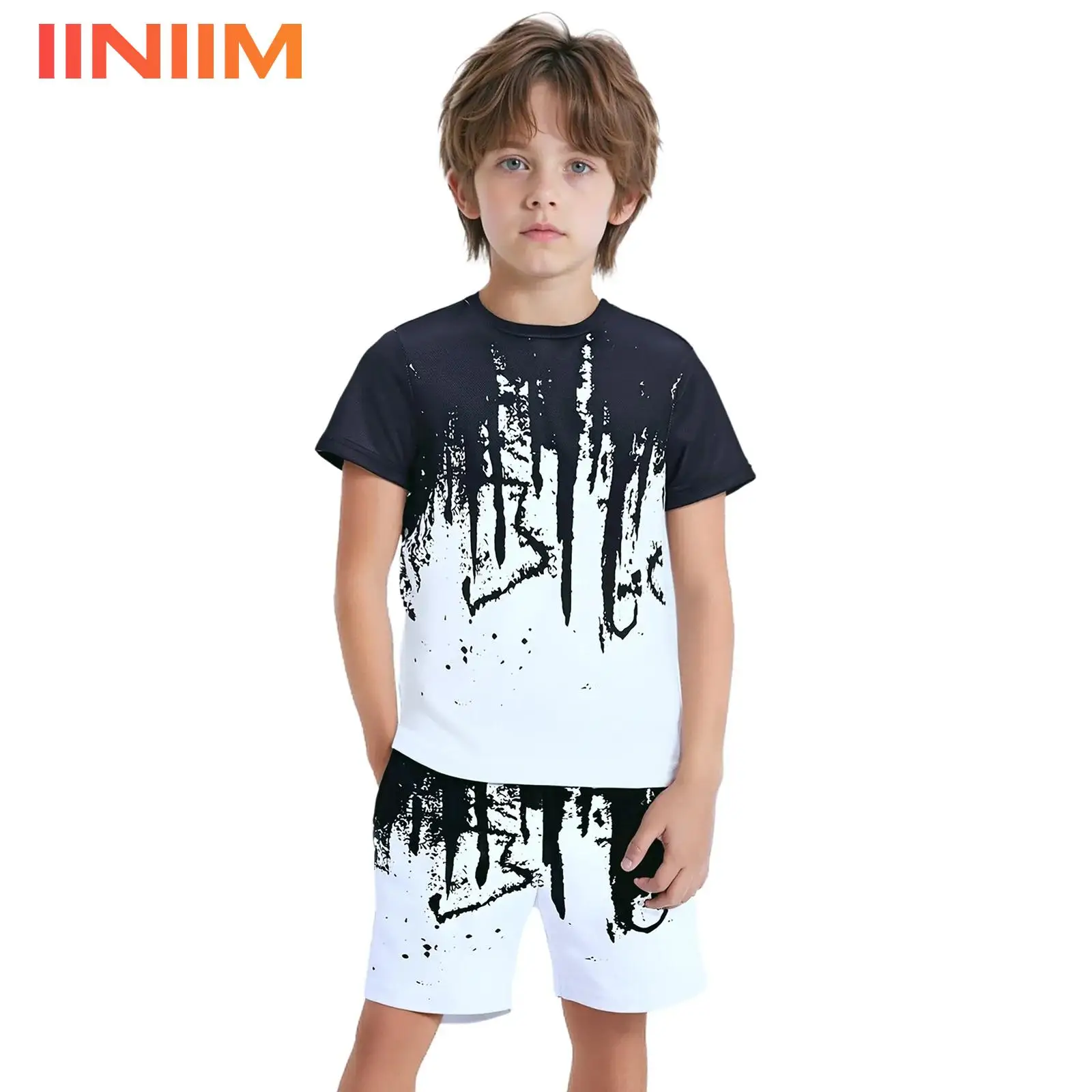 

Kids Boys Soccer Jersey Set Athletic Outfit Quick-Drying Print Gradient Sports Suit Short Sleeve T-shirt with Pockets Shorts