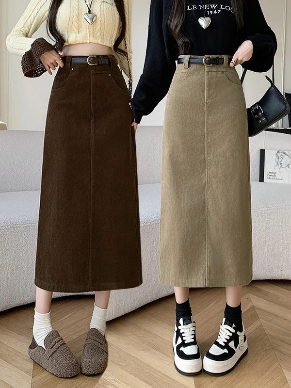 

Brown Corduroy High Waist A-Line Skirt Women's Vintage Sle Casual Loose Fit H-ape Zipper Closure Skirt