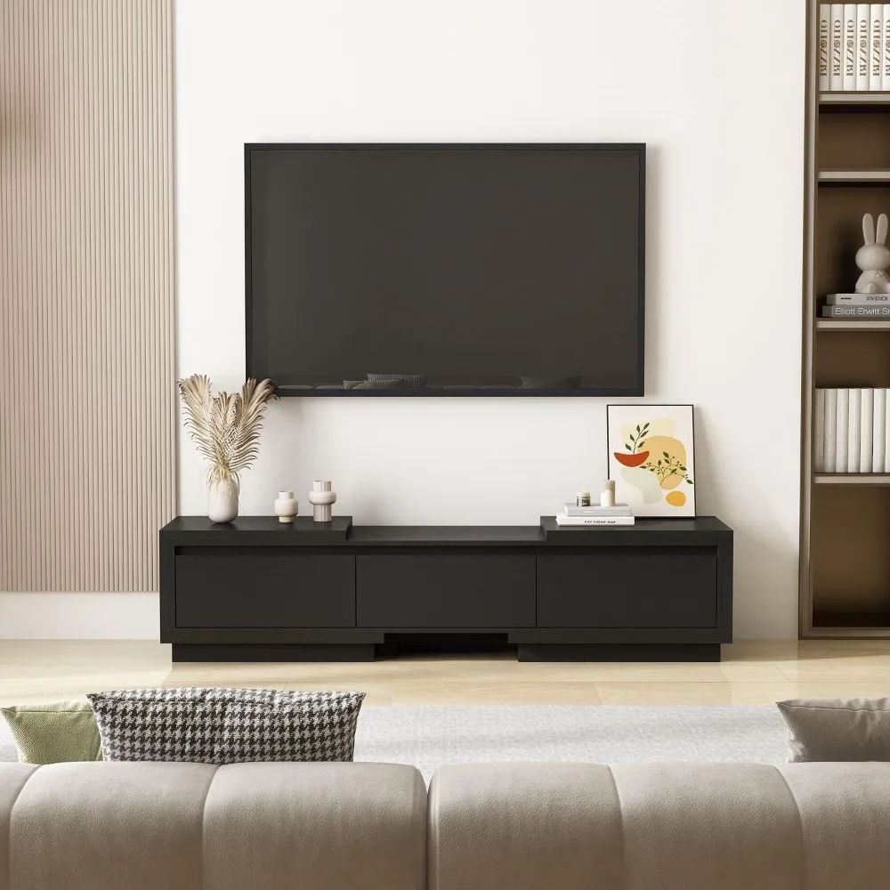 Extendable TV Console Table Modern TV Cabinet with Drawers, Contemporary Media Storage Console Table for Living Room Black