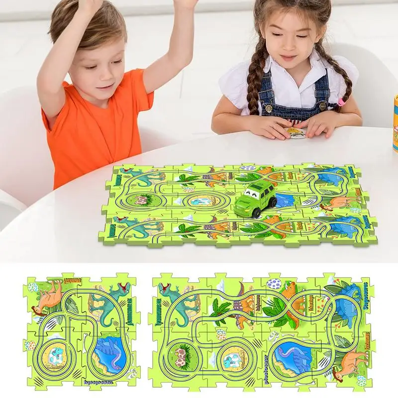 Puzzle Tracks With Vehicles Puzzle Rail Car Toys Race Track Car Playset Fine Motor Toys Building Toys Dinosaur Theme Educational