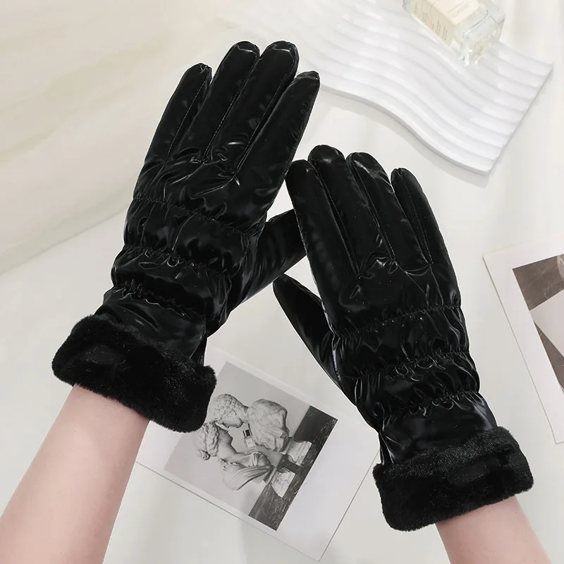 Ski Gloves Women Winter Fleece Thickened Warm Plush Cotton Waterproof Touch-Screen Gloves For Outdoor Riding Mountaineering
