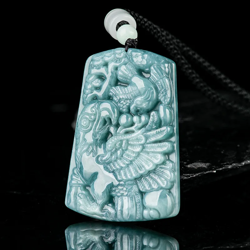 Natural A-grade Jadeite Blue Water Parrot Pendant Wise Divine Martial Glutinous Jade Pendant For Men's Charms Women's Jewelry