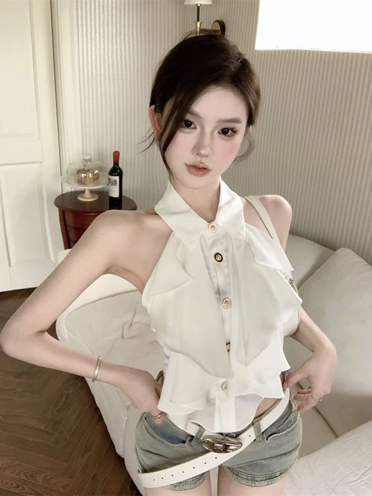 

2025 New Tops Summer Women Off Shoulder Ruffled Sleeveless Backless Halter Shirt Sexy Slim Fit Versatile Blouse ブラウス