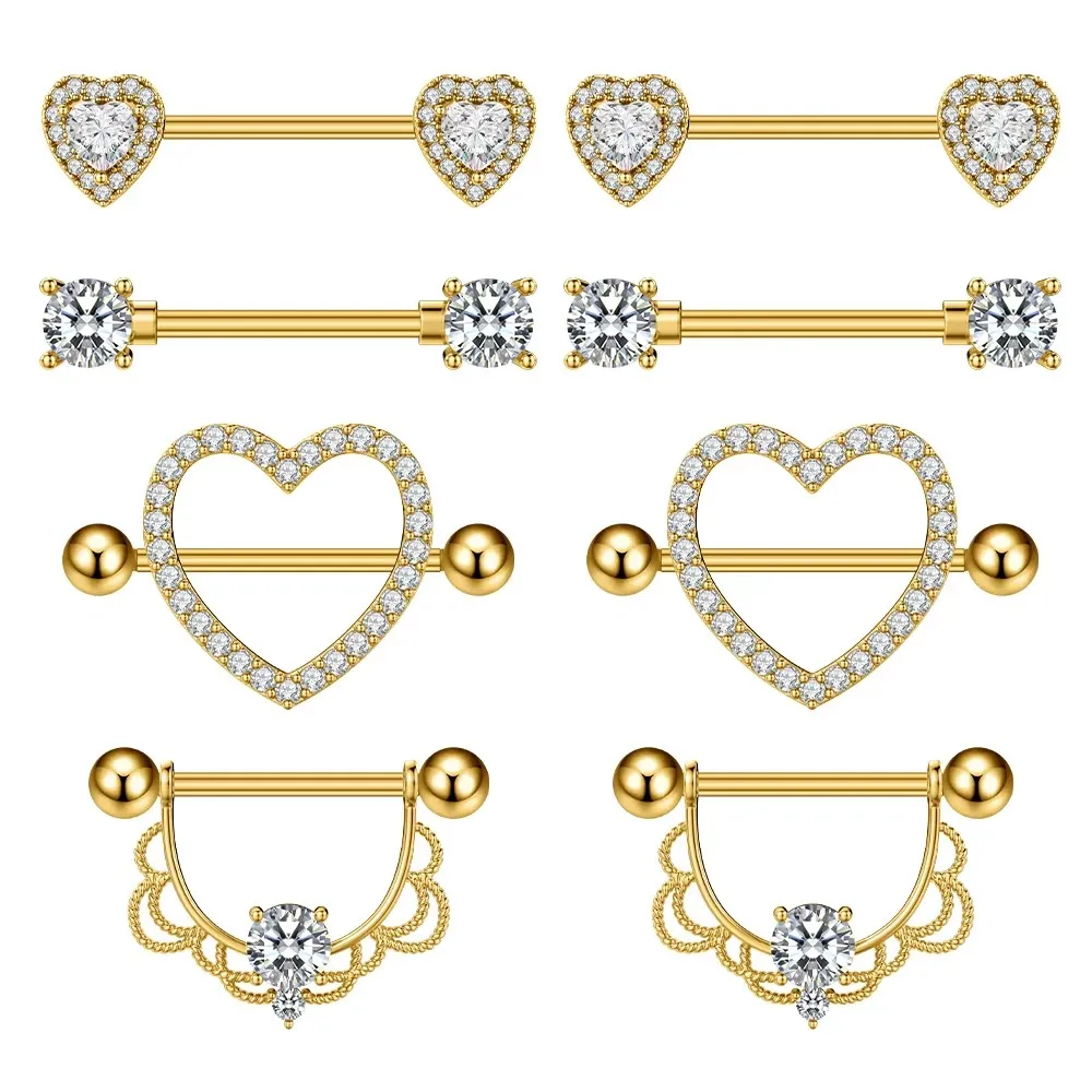 4Pairs Gold Color Butterfly Heart Flower Nipple Ring Sets 14G Stainless Steel Dangled Shield Barbell for Women Nipple Piercing