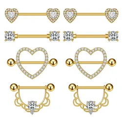4Pairs Gold Color Butterfly Heart Flower Nipple Ring Sets 14G Stainless Steel Dangled Shield Barbell for Women Nipple Piercing