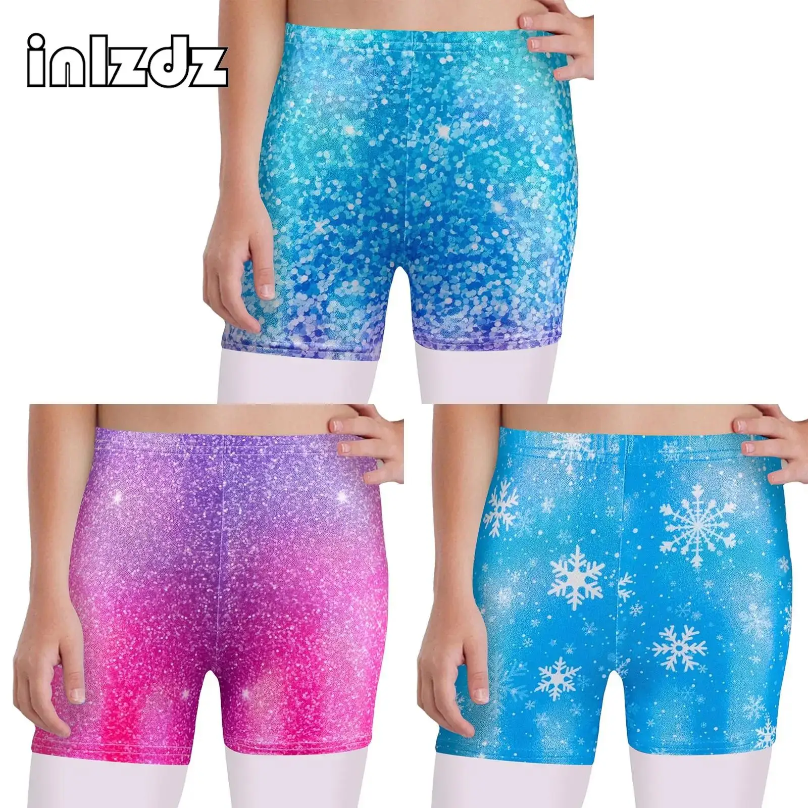 

3Pcs Kids Girls Stretchy Shorts Figure Skating Gymnastics Dance Training Performance Costume Metallic Printed Shorts Dancewear