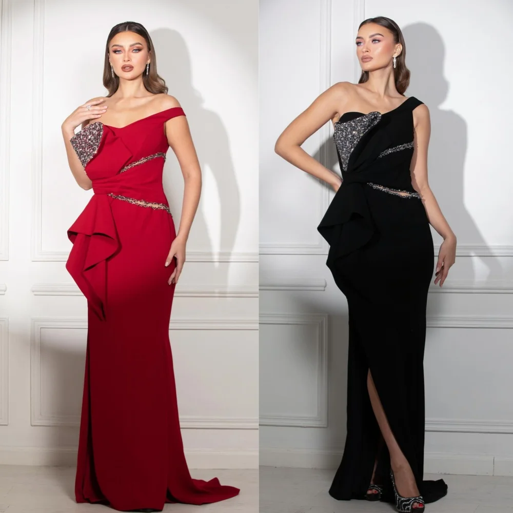 

Sparkle Exquisite High Quality Jersey Draped Pleat Sequined Cocktail Party A-line Off-the-shoulder Bespoke Occasion Gown