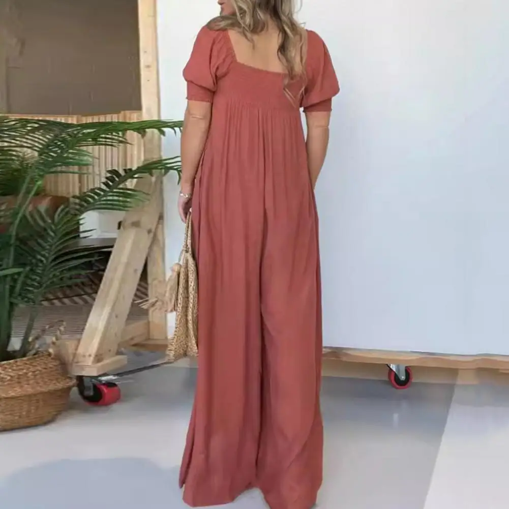 Women Clothing Elegant Square Neck Wide Leg Jumpsuit for Women Shirring Lantern Sleeves High Waist Solid Color Pleated Loose