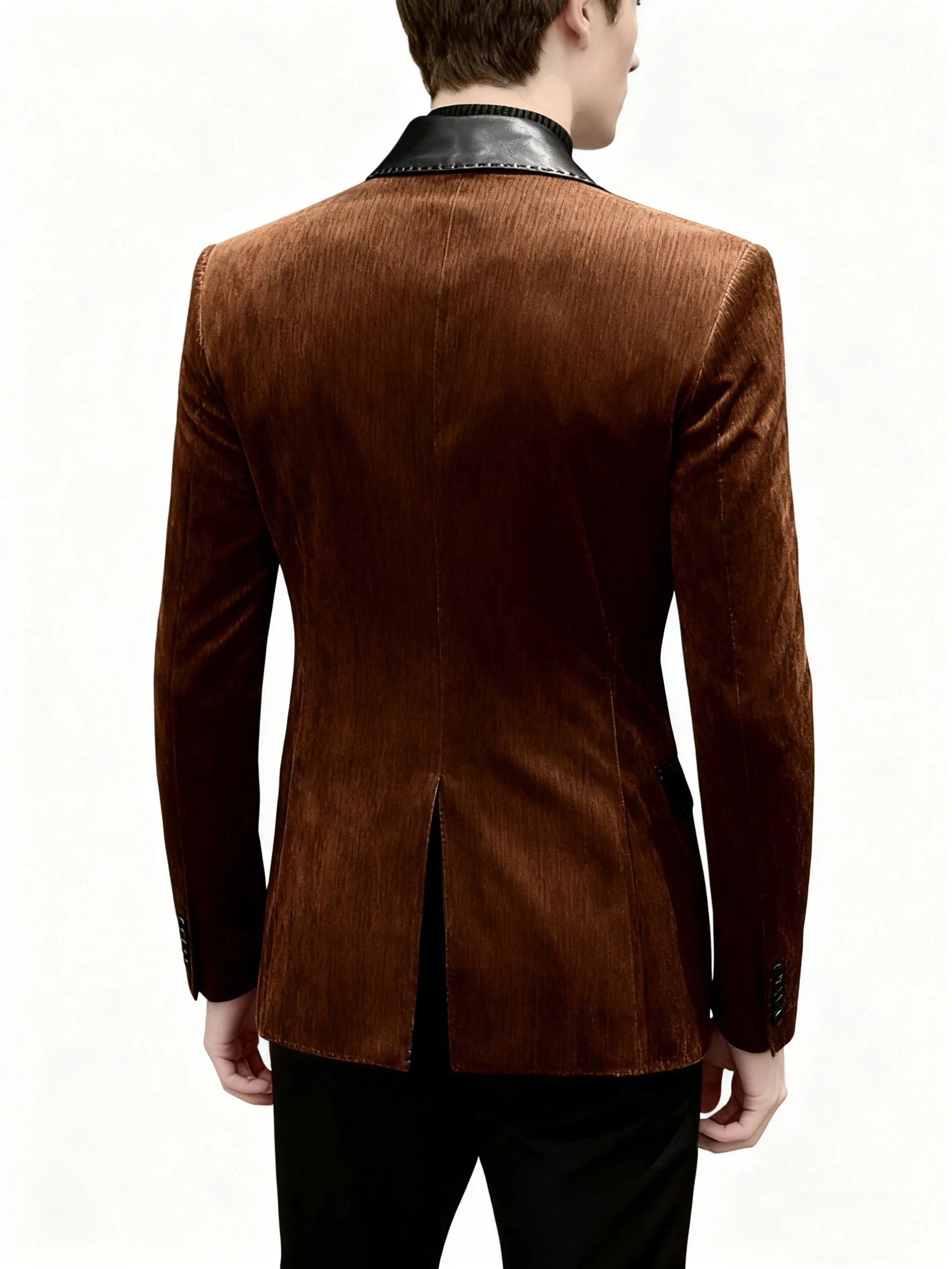 Męski, luksusowy, dwurzędowy żakiet w stylu brytyjskim, biznesowy, casualowy, ze skóry PU, z łączonym kołnierzem, płaszcz, strój na wesele/przyjęcie.