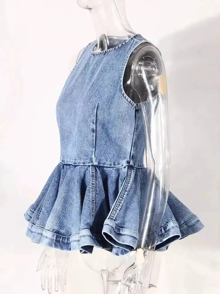 Ruffles Tank Blue Top Wide Leg Pants Two Piece Suit New Round Neck Sleeveless Women Fashion  Spring Autumn 2026 UDFD - view 3