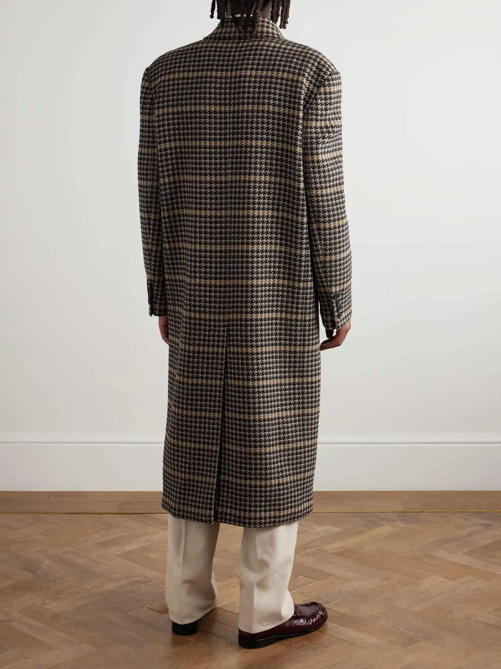 Classic Men's Houndstooth Wool Blends Trench Coat Double Breasted Peaked Lapel Long Overcoat Formal Outwear Custom Made