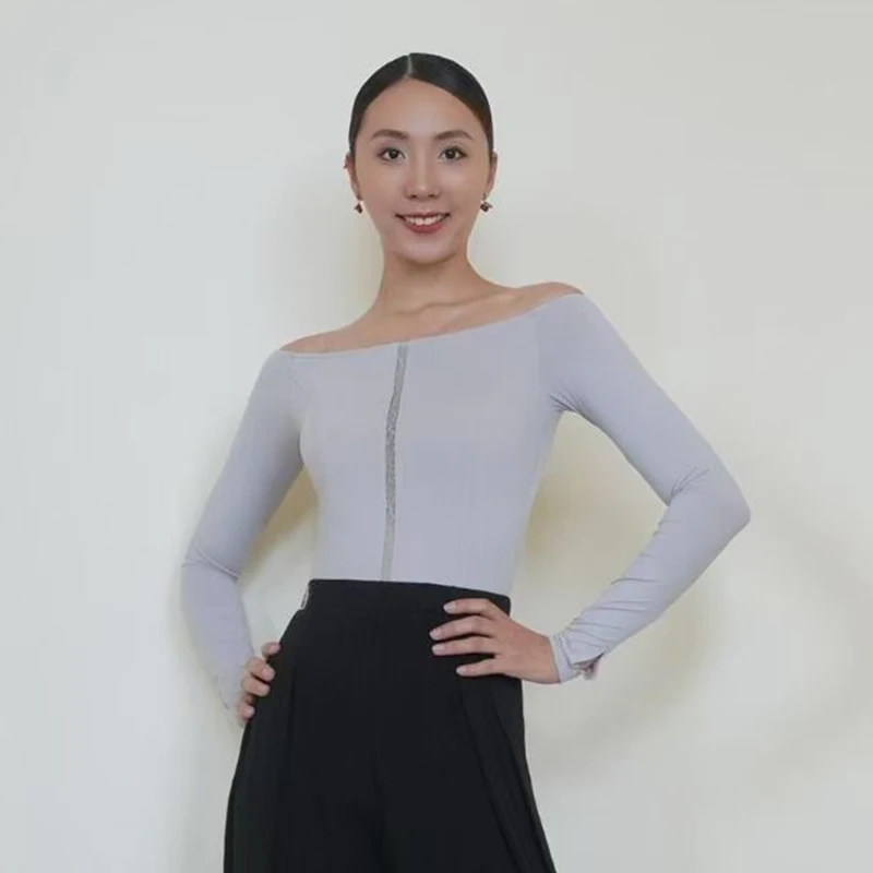 社交ダンストップス長袖 3 色ボートネックトップス大人のルンバサルサダンス服ラテントレーニング練習着 BL18313