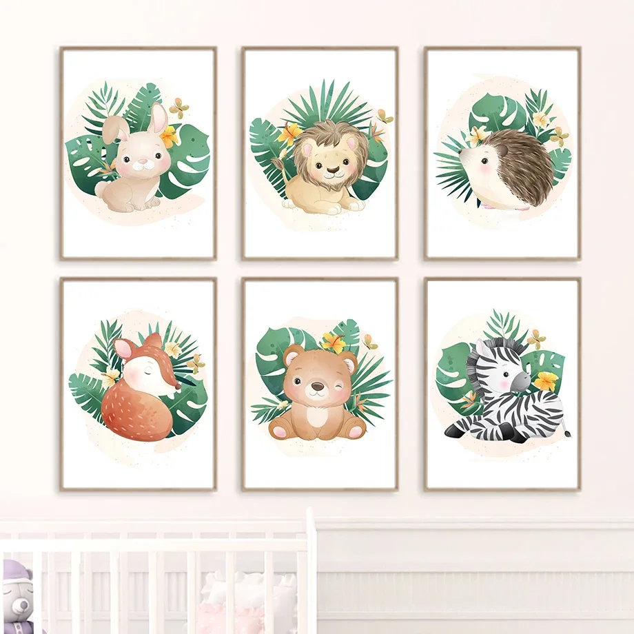 

Green Plants Lion Zebra Rabbit Koala Fox Bear Wall Art Canvas Painting Nordic Posters And Prints Wall Pictures Kids Room Decor