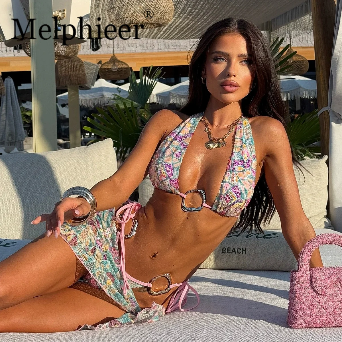 

Melphieer 3 Pieces Sparkle Bikini Sarong Skirt Luxury Rings Sequins Swimsuit Women Push Up Swimwear Biquini Female Bathing Suit