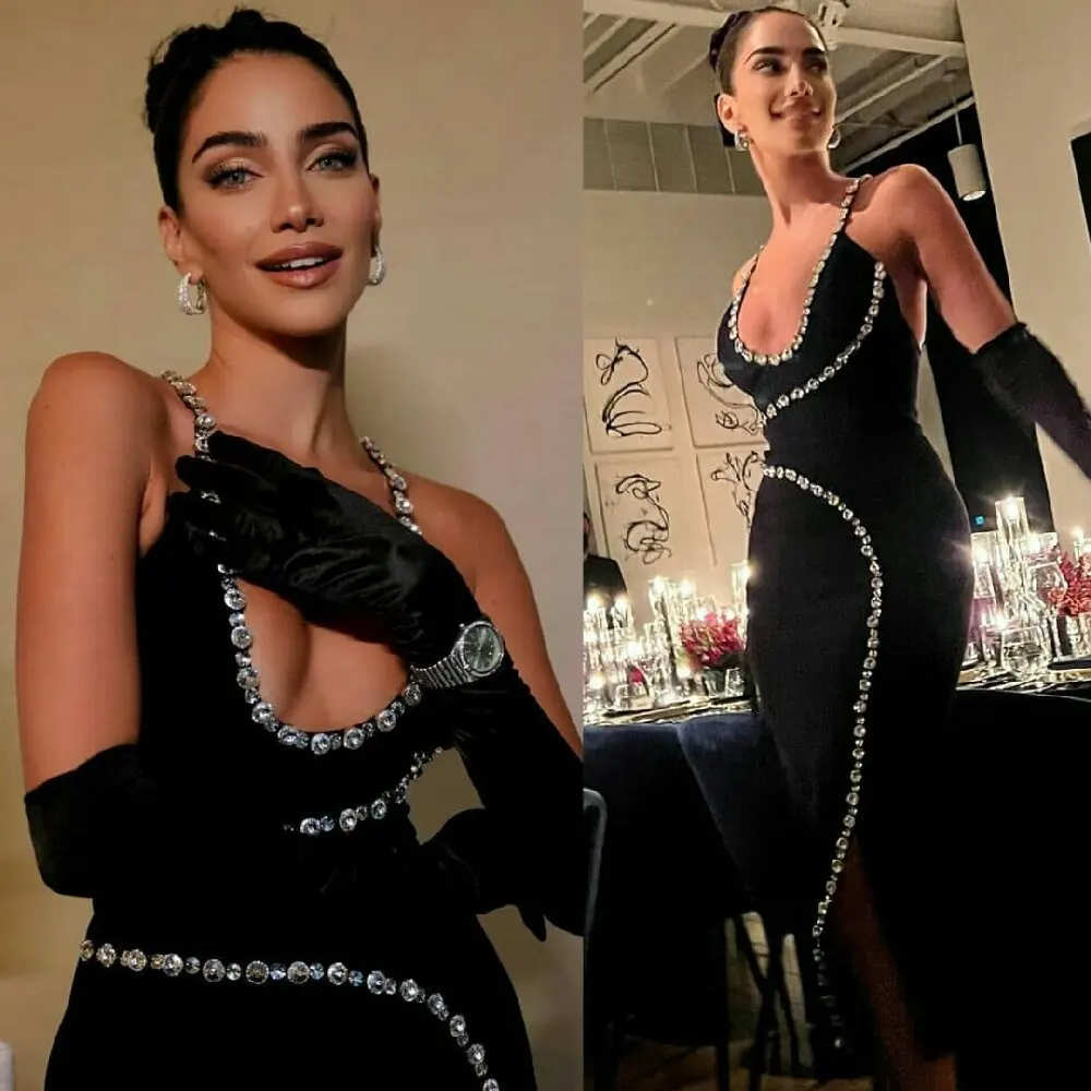 Newest Fashion Women Black Bodycon Bandage Dress Flash Diamond Embellished Spaghetti Strap Elegant Evening Party Red Carpet Gown