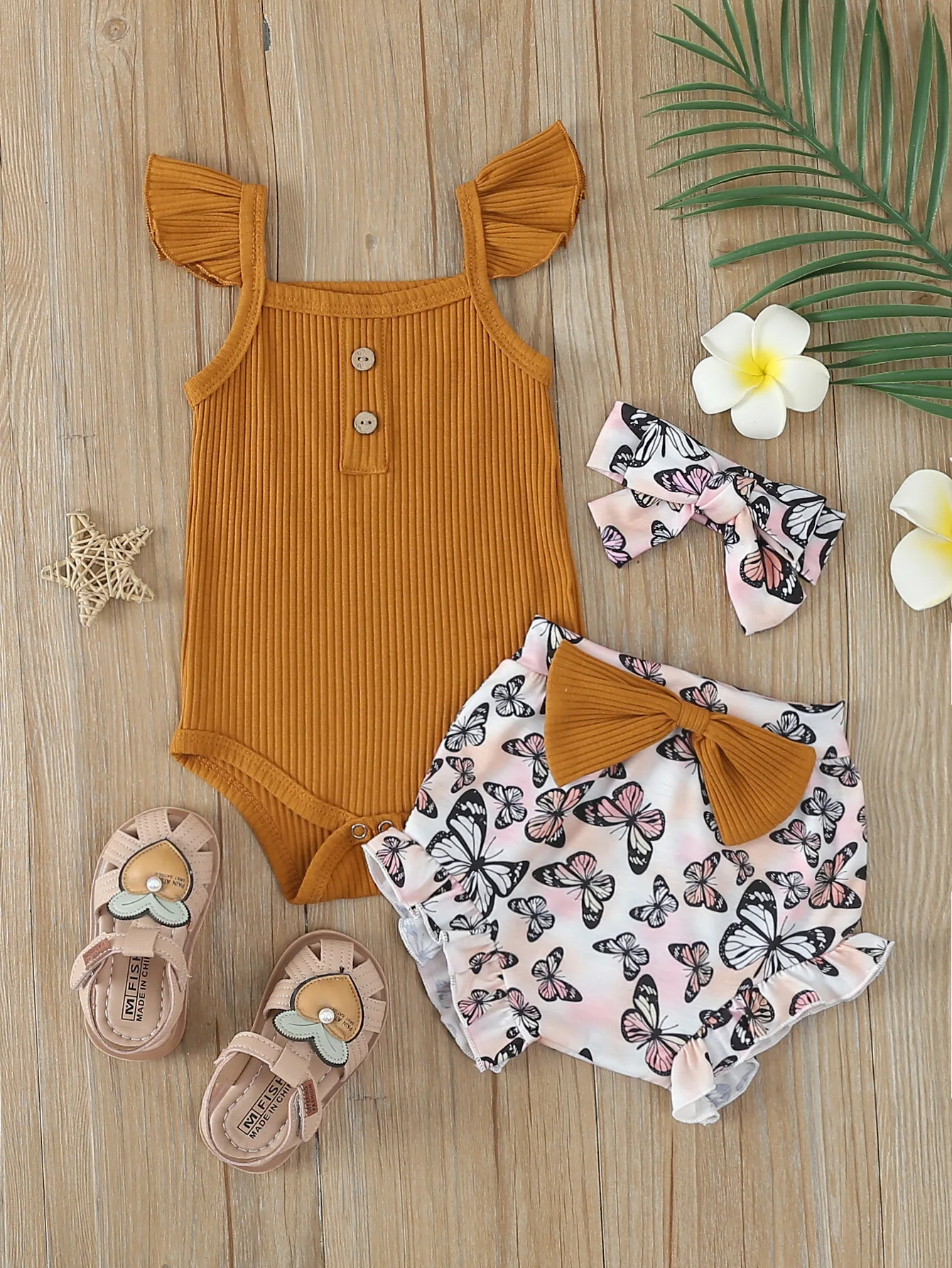 Newborn Cute Baby Girl Clothes Set Sleeveless Bodysuit Butterfly Printed Shorts 3Pcs Summer Clothing Suit Baby Girl Clothes