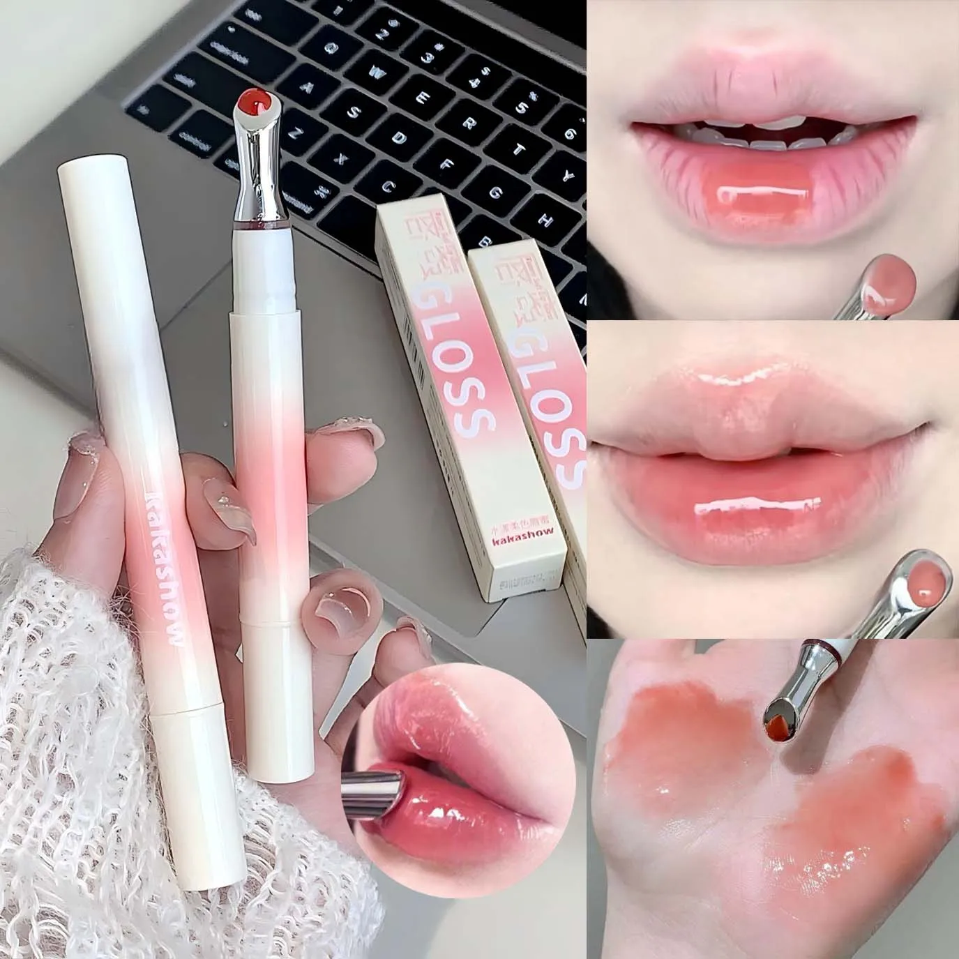 Kakashow Watery Lip Gloss with Iron Brush Head Moisturizing Jelly Lip Tint Natural Nude Lipstick for Smooth Plump Lips